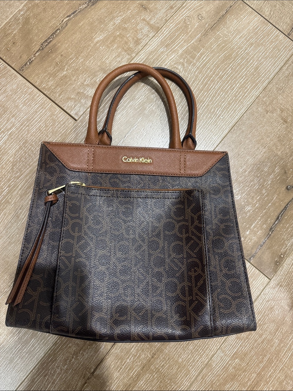 Calvin Klein Brown Monogram Satchel with Tan Trim